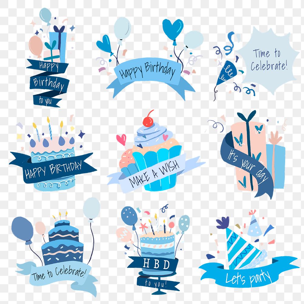 Party sticker png, cute birthday illustrations set