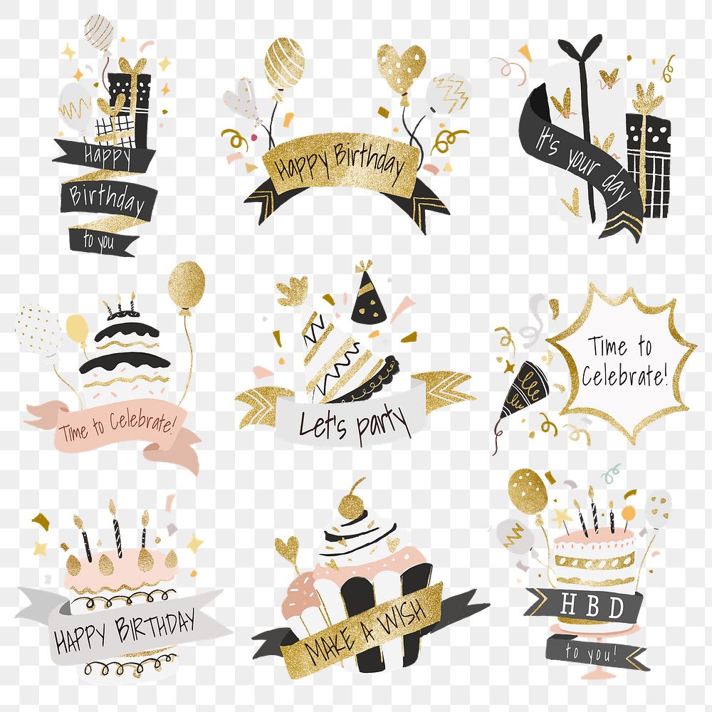 Party sticker png, cute birthday illustrations set