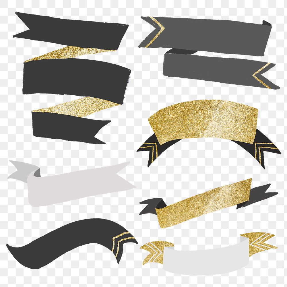 Ribbon banner PNG, aesthetic gold and gray sticker set