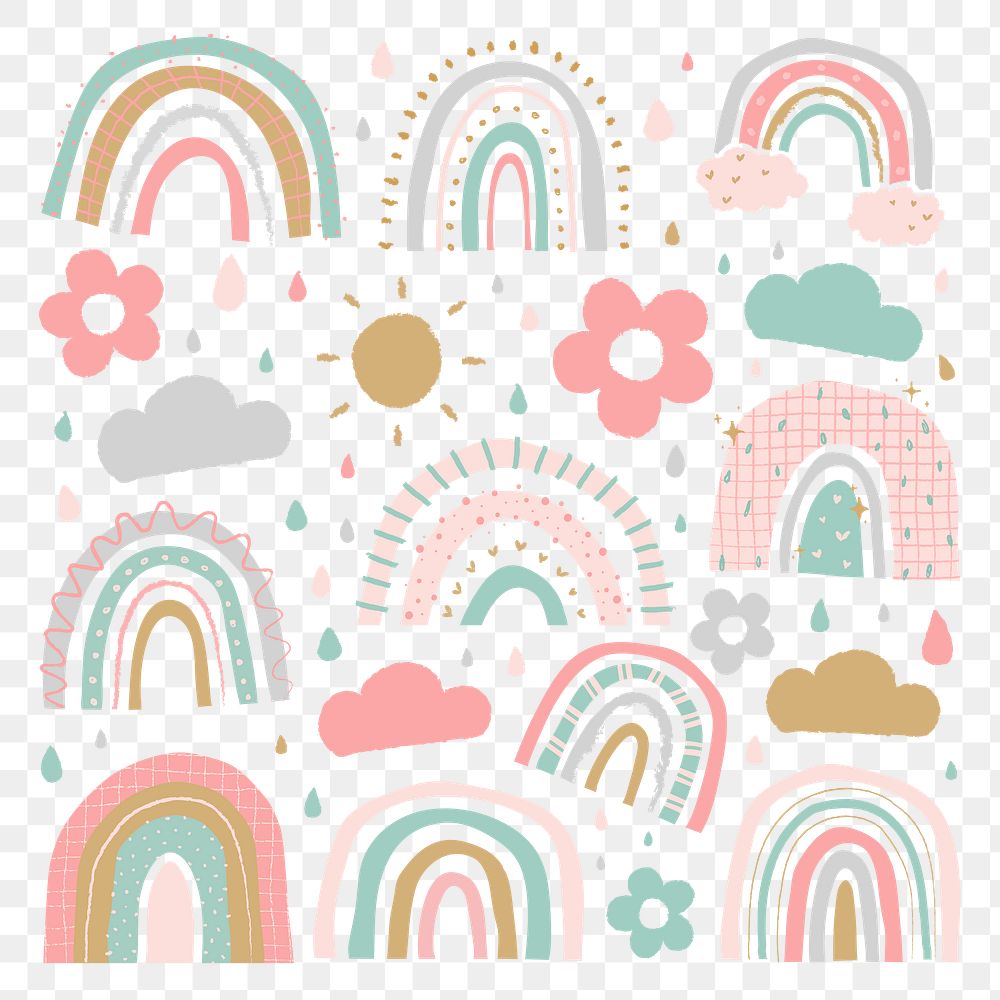 Rainbow PNG sticker in cute doodle style set