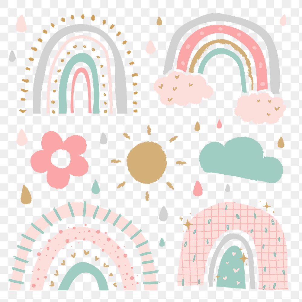 Rainbow PNG sticker in cute doodle style set