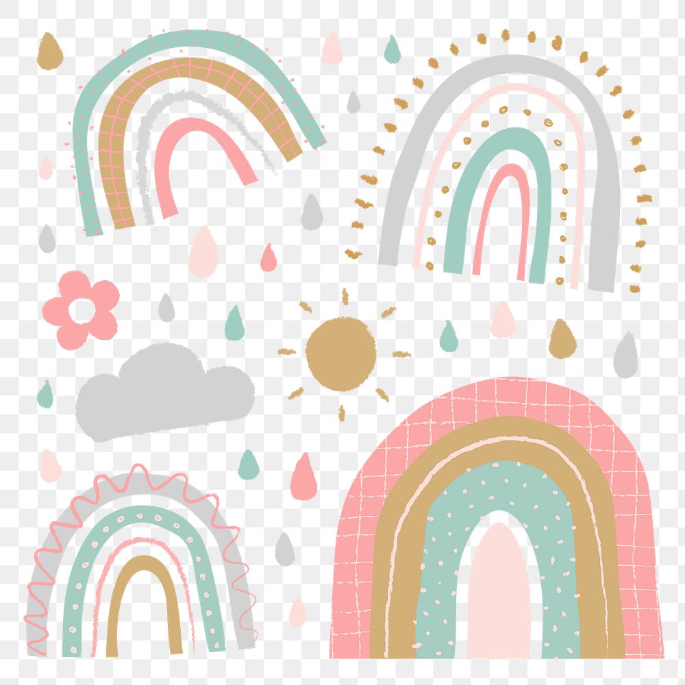 Rainbow PNG sticker in cute doodle style set