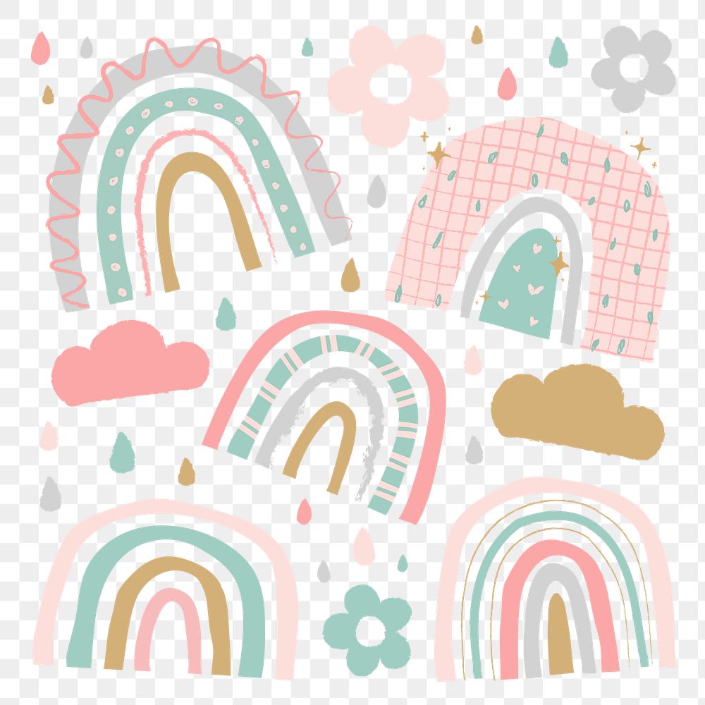 Rainbow PNG sticker in cute doodle style set