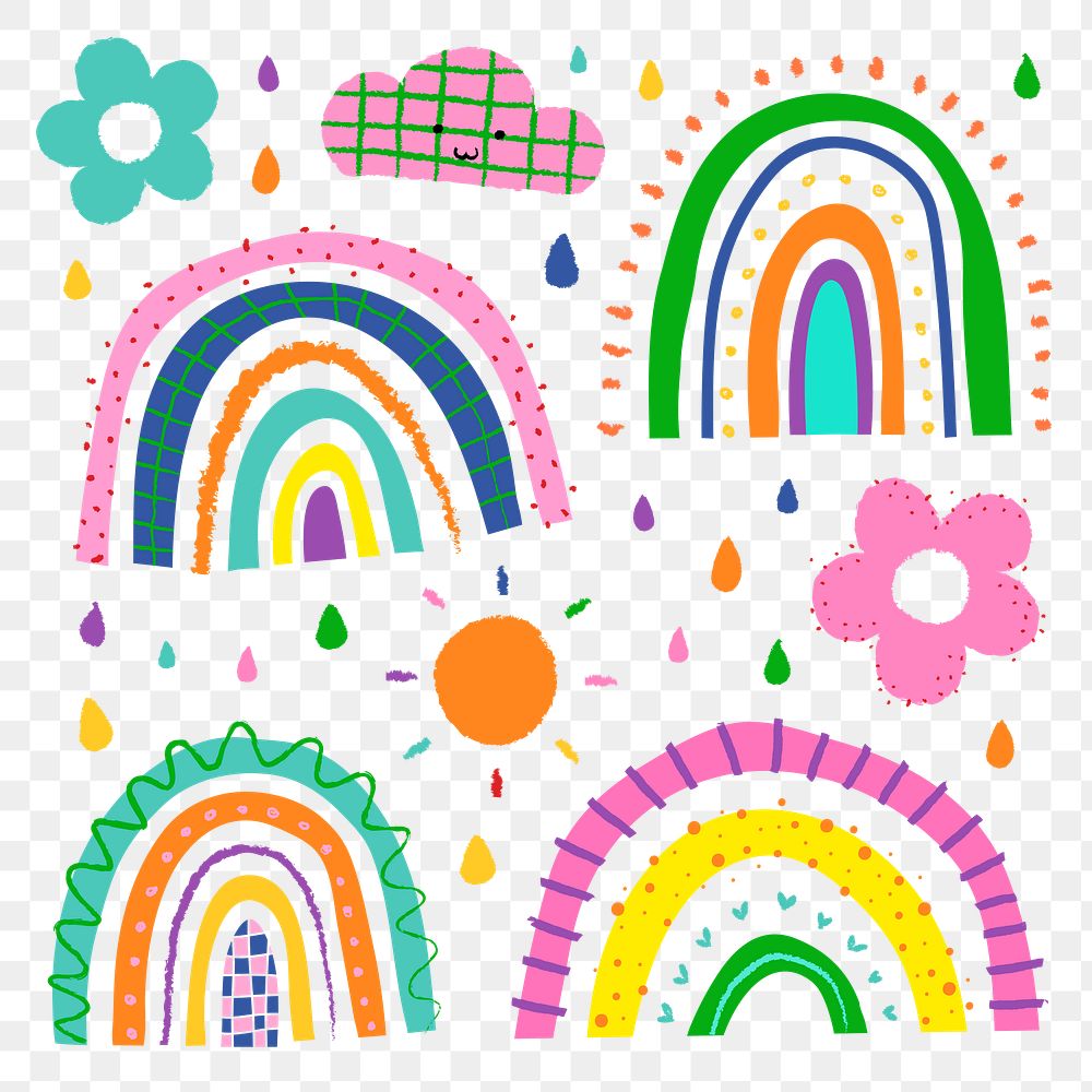 Rainbow PNG sticker in funky doodle style set