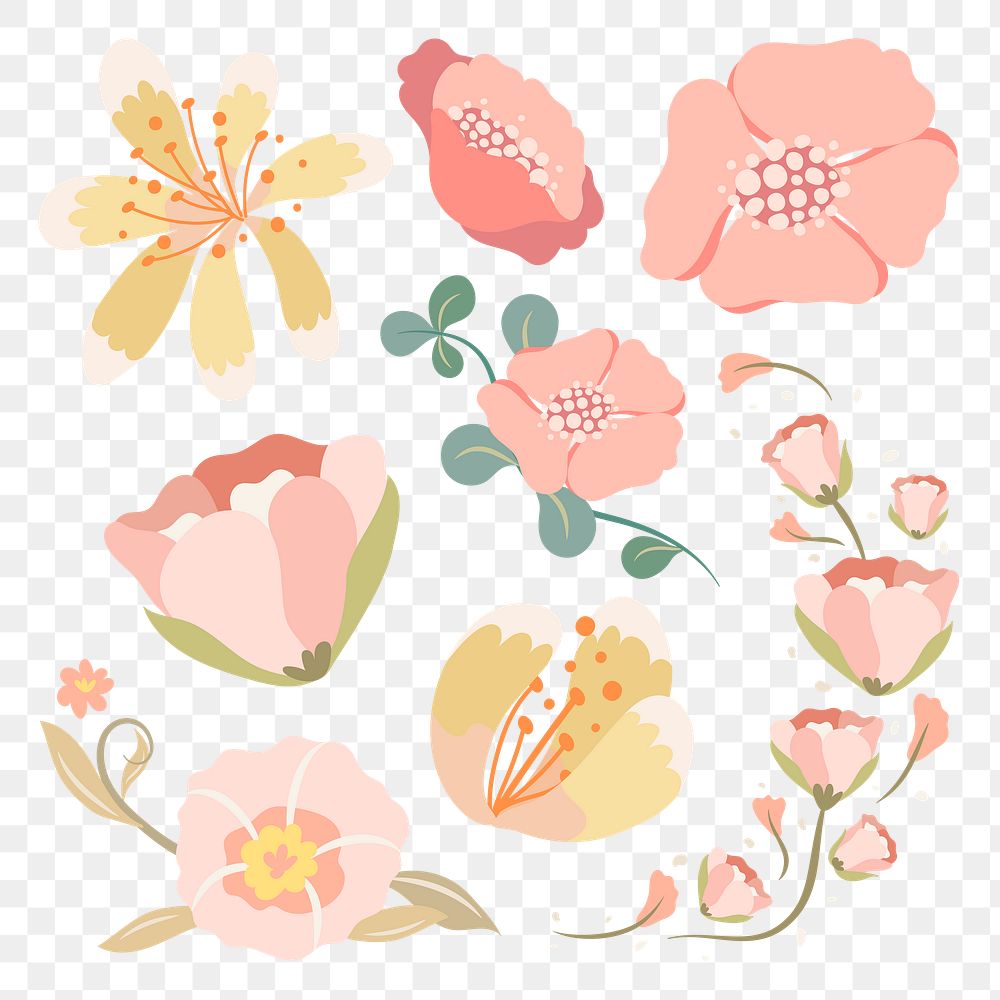 Flower collage sticker png pastel flower clipart illustration set