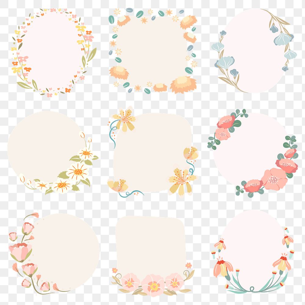 Flower png frame, cute sticker illustration, blooming spring season set
