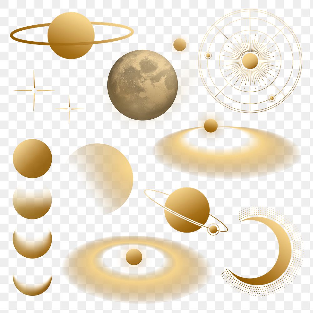 Celestial art png sticker, gold aesthetic galaxy illustration set