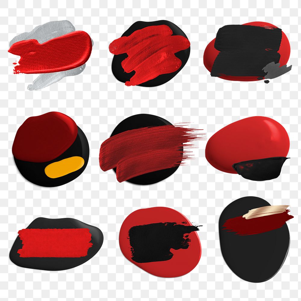 Paint brush badge png sticker, black and red stroke texture set