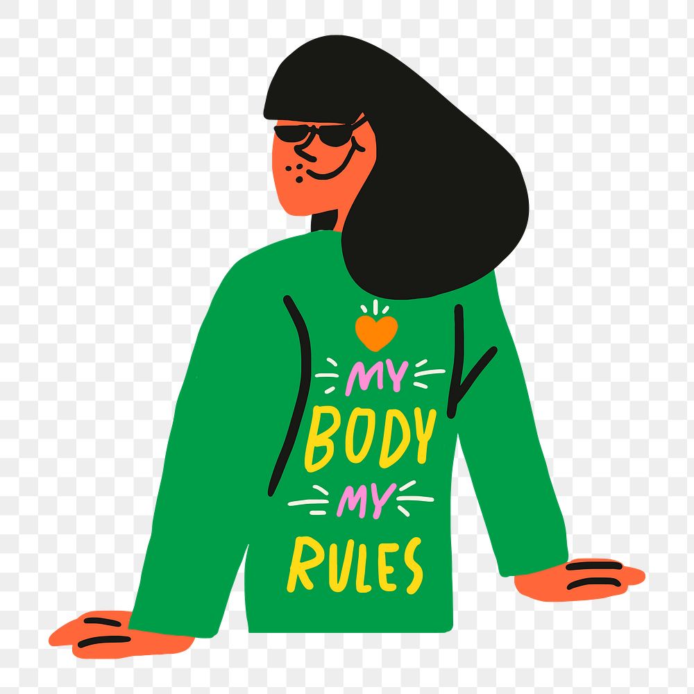 Woman character png sticker collage element, my body my rules body positivity concept