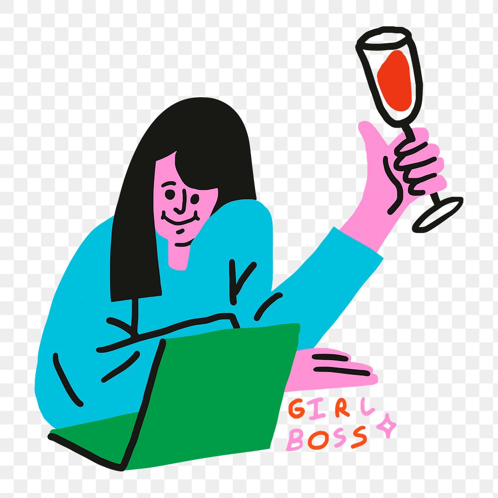 Girl boss png sticker, woman character virtual celebration with a glass of wine