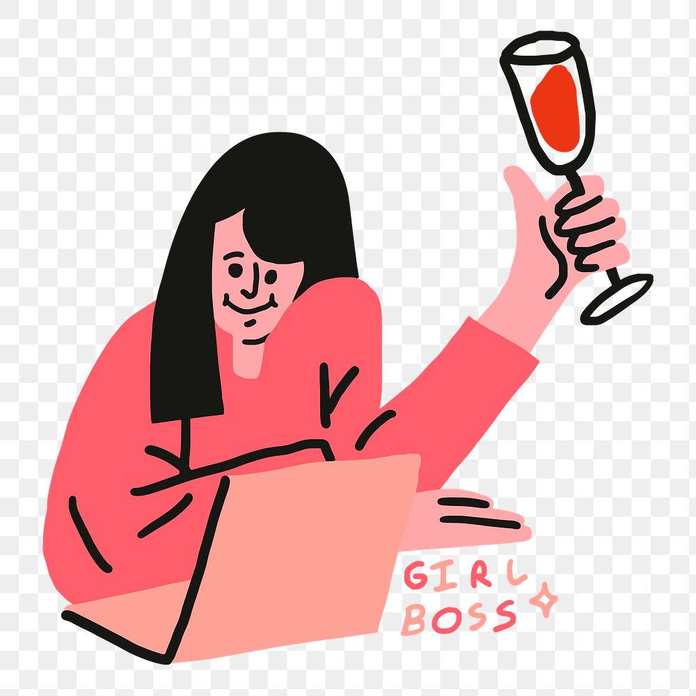 Girl boss png sticker, woman character virtual celebration with a glass of wine