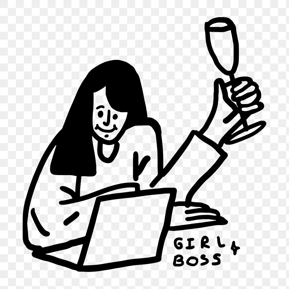 Girl boss png sticker, woman character virtual celebration with a glass of wine