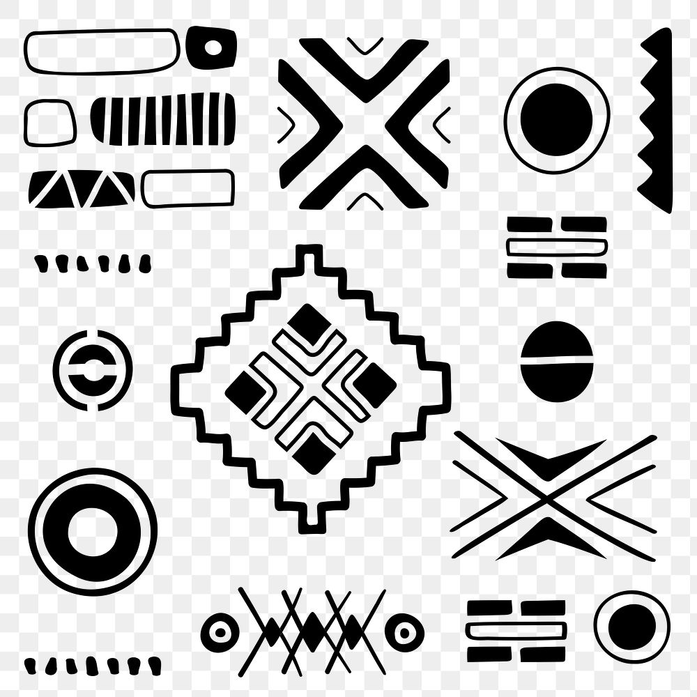 Tribal shape png, doodle sticker, black and white geometric design set