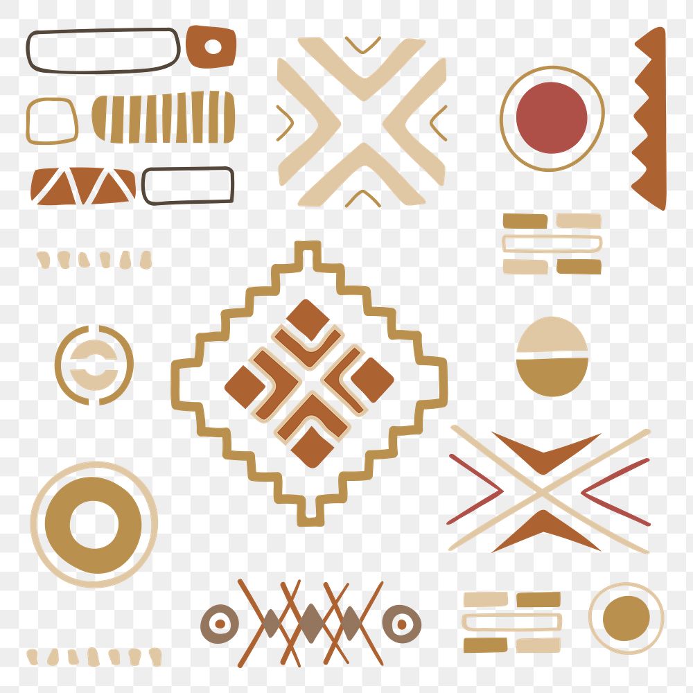 Ethnic shape png, doodle sticker, brown aztec design set