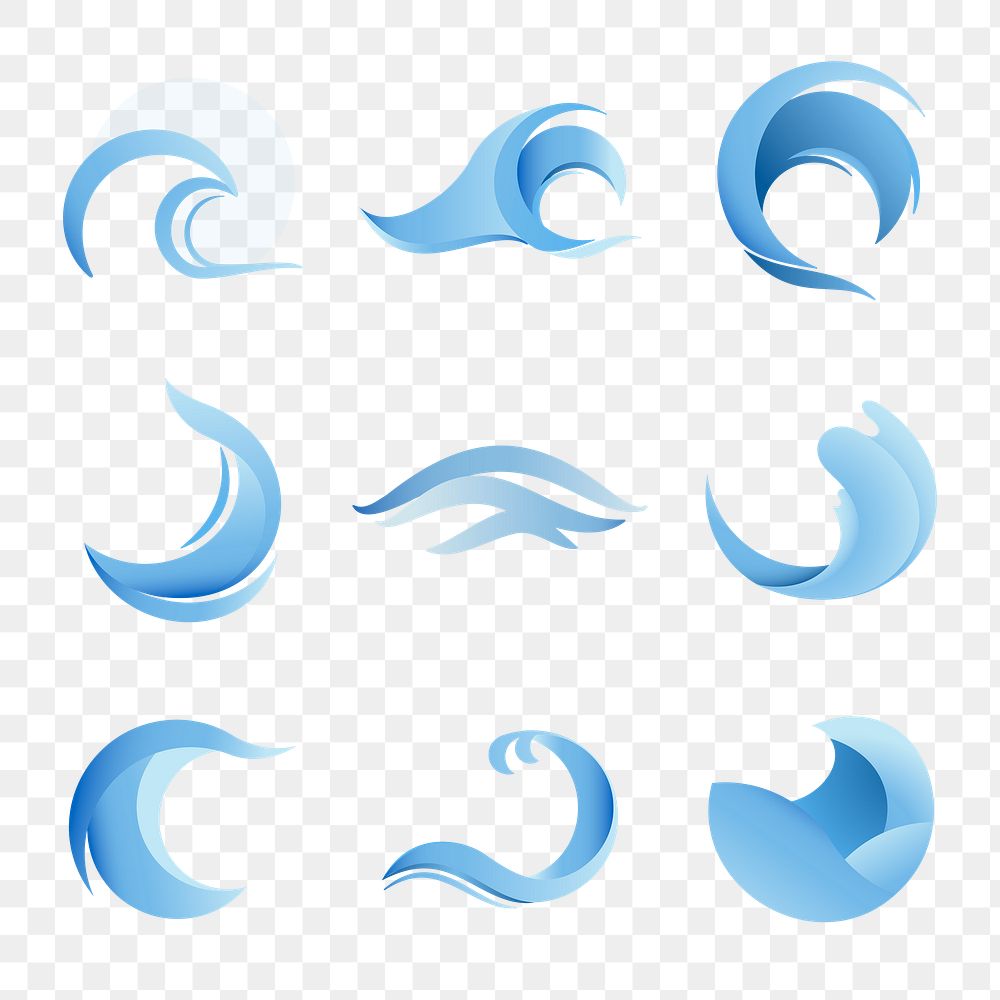 Ocean wave png logo element, blue creative water graphic for business set