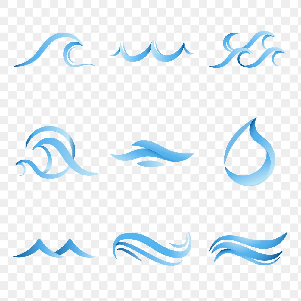 Ocean wave png sticker, animated water clipart, blue logo element for business transparent design set