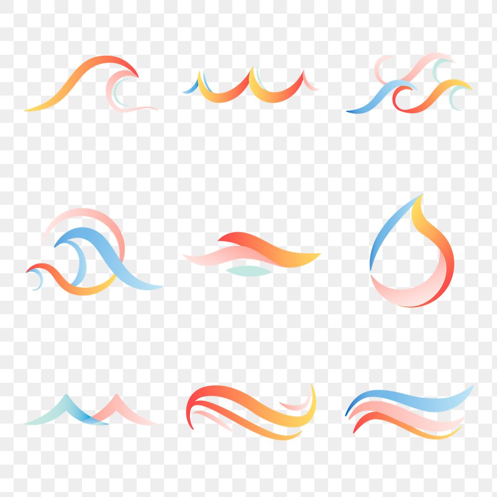 Ocean wave png sticker, aesthetic water clipart, pastel logo element for business transparent design set