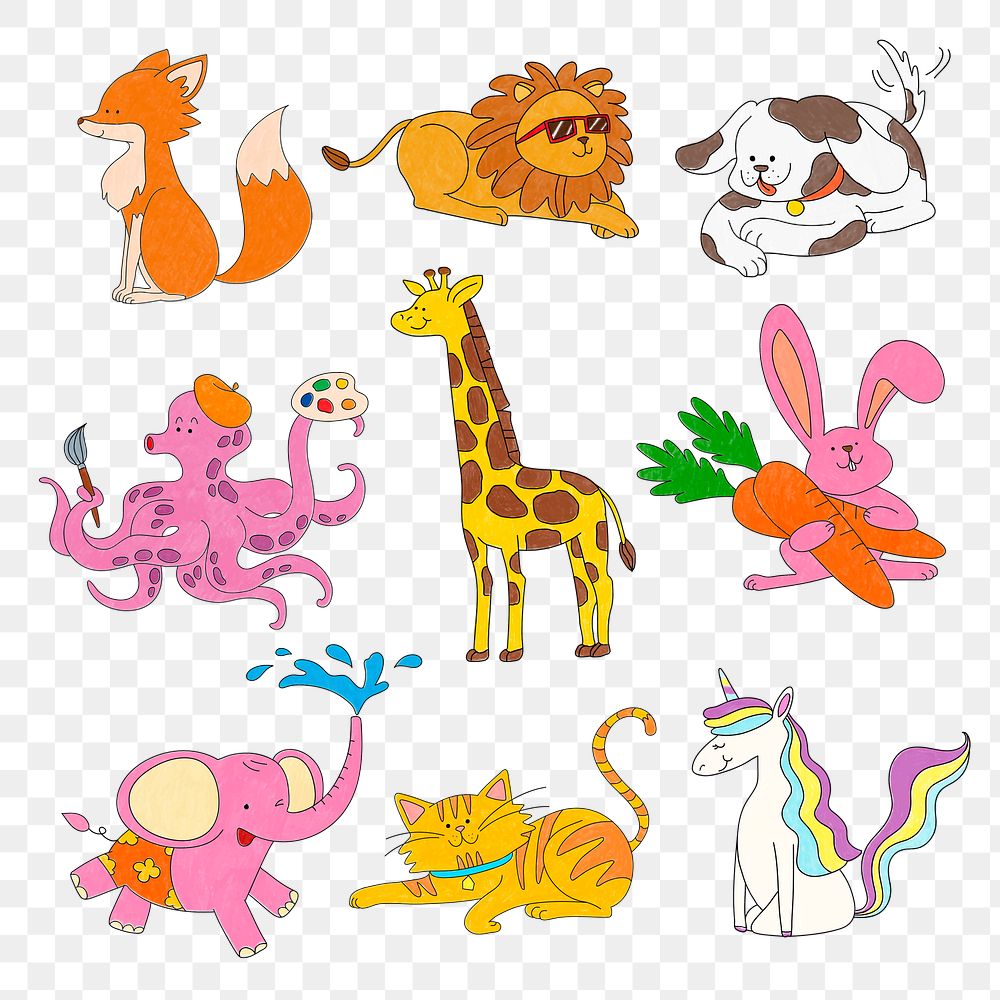 Cute animal sticker png transparent, colorful clipart for kids set