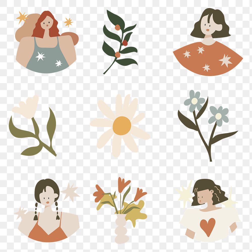 Feminine doodle sticker png transparent, cute earthy illustration collection