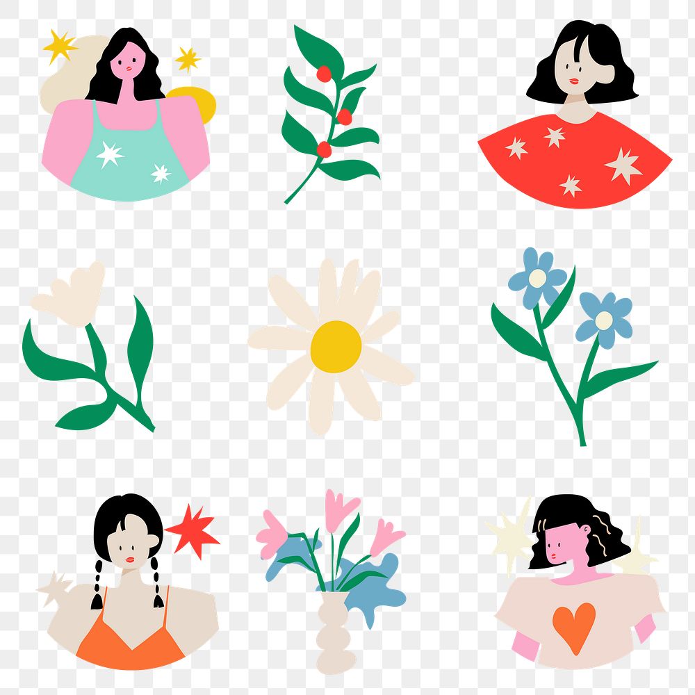 Feminine doodle sticker png transparent, colorful retro illustration set