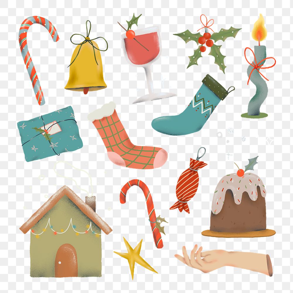 Christmas sticker png, cute winter doodle illustration set