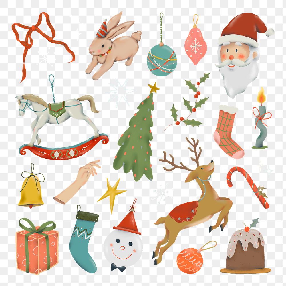 Christmas sticker png, cute winter doodle illustration set