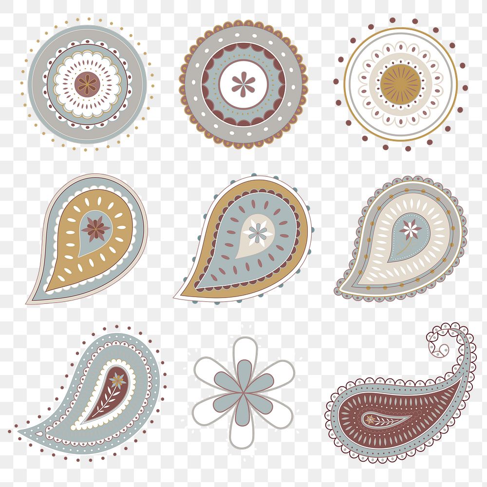 Paisley mandala png sticker, Indian traditional illustration in simple design set