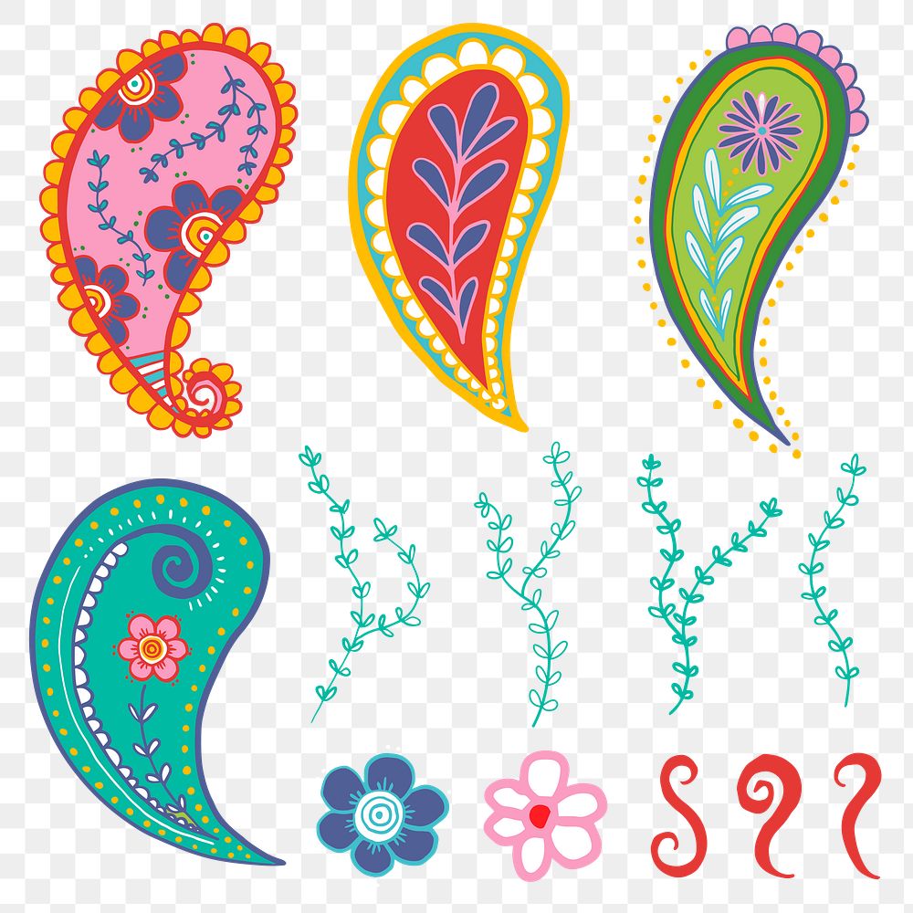 Paisley floral png sticker, Indian traditional illustration in colorful set