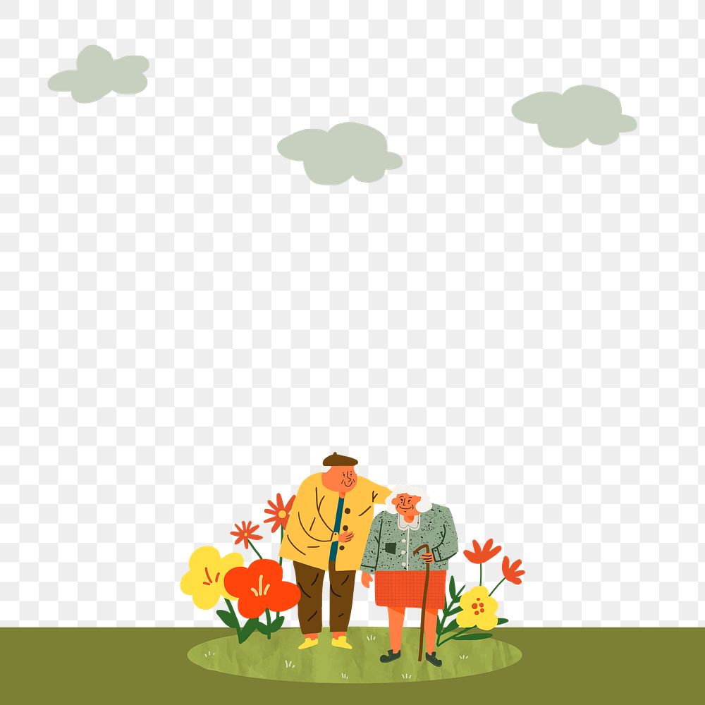 Green border png transparent background, old couple doodle with love concept