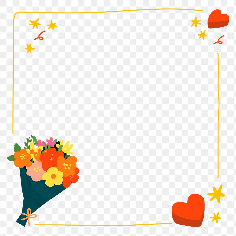 Valentine&rsquo;s frame png transparent background, flower bouquet doodle in yellow