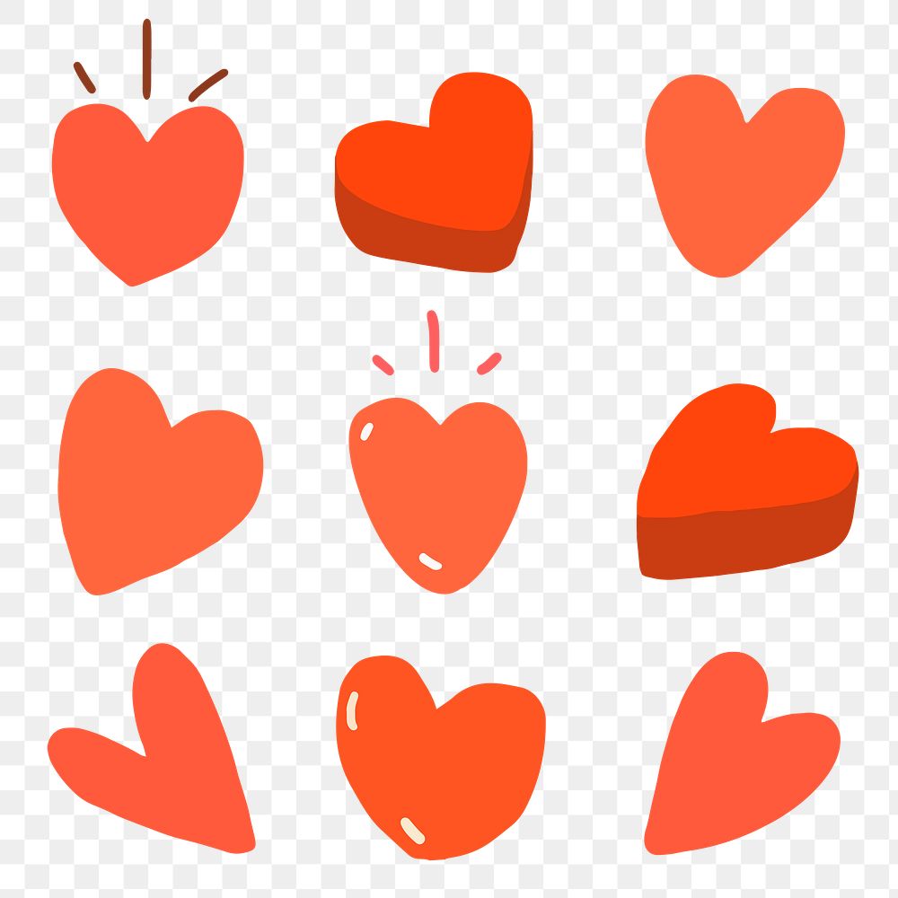 Valentine&rsquo;s png heart clipart, red doodle on transparent background set