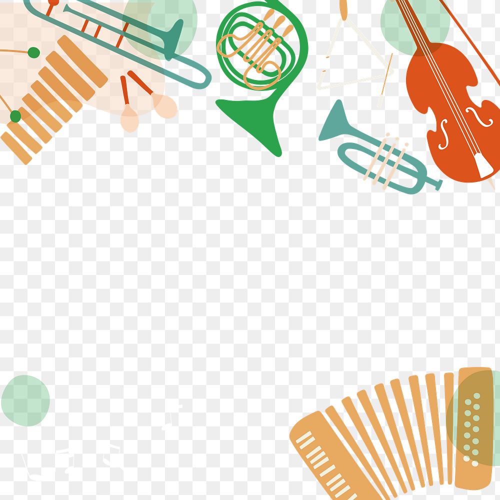 Orange retro png background, music border, classical instruments