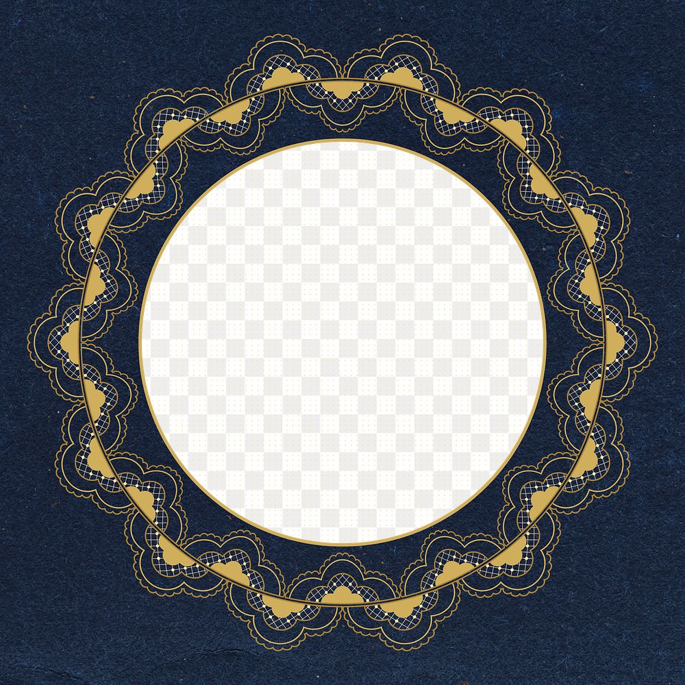 Vintage lace frame, gold doily on dark blue background