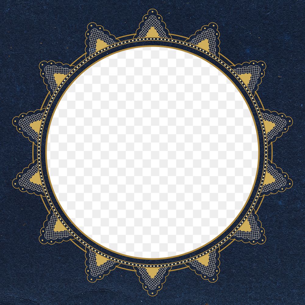 Vintage lace frame, gold doily on dark blue background