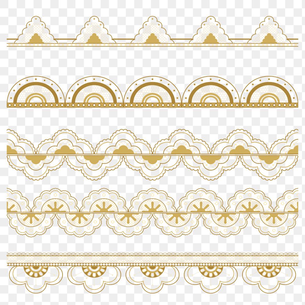Elegant lace png border, classic gold fabric, transparent design set