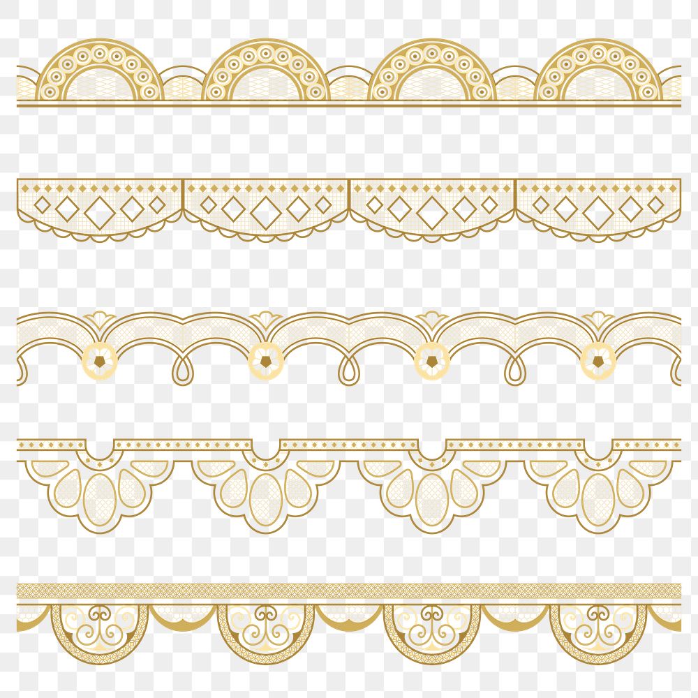 Elegant lace png border, classic gold fabric, transparent design set