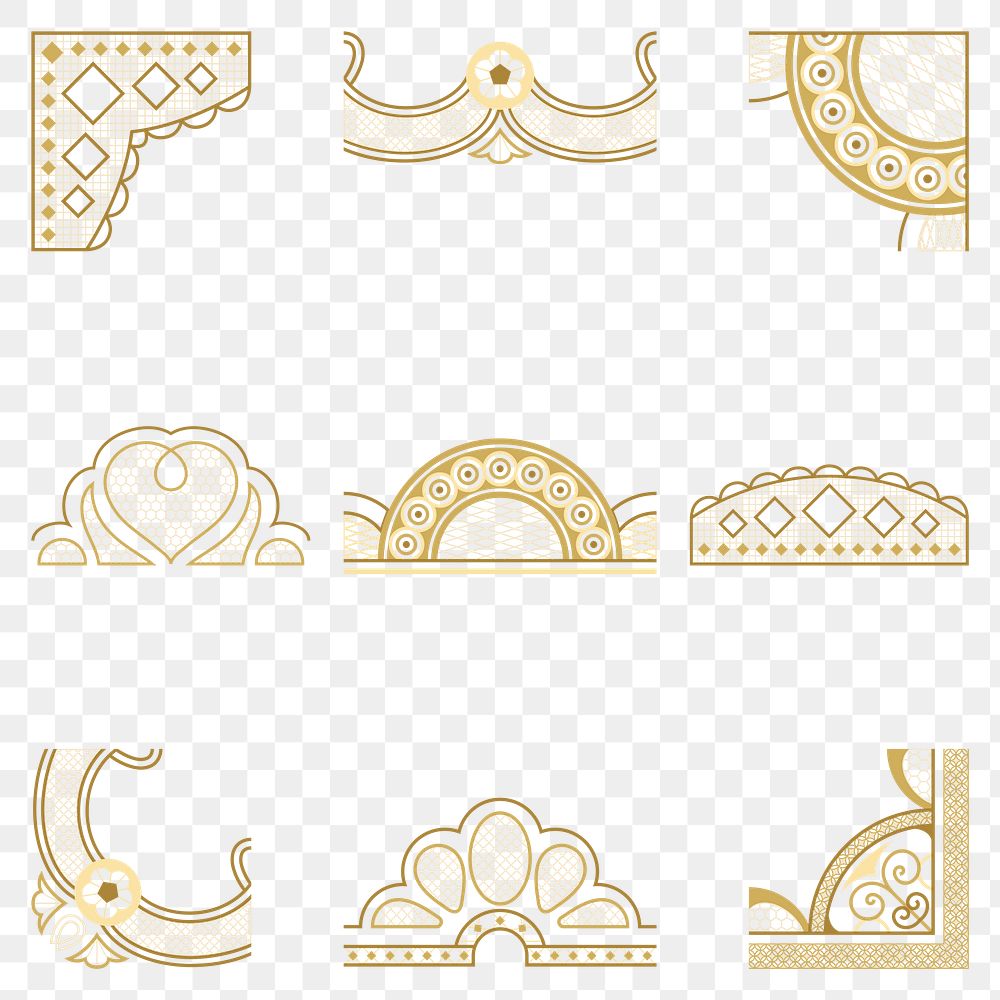 Elegant lace corner png border, classic gold fabric, transparent design set