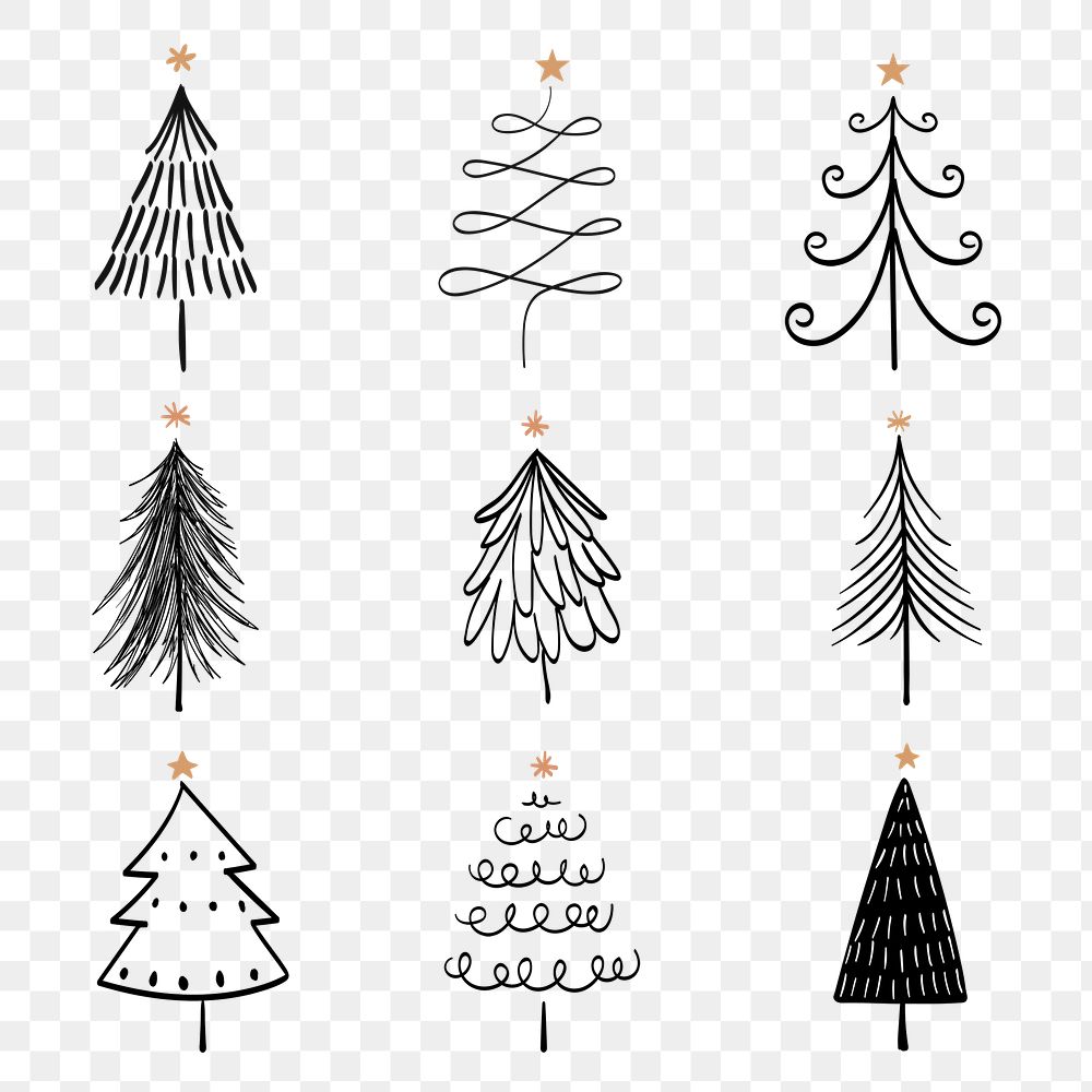 Christmas doodle png sticker, cute tree and animal illustration in black set