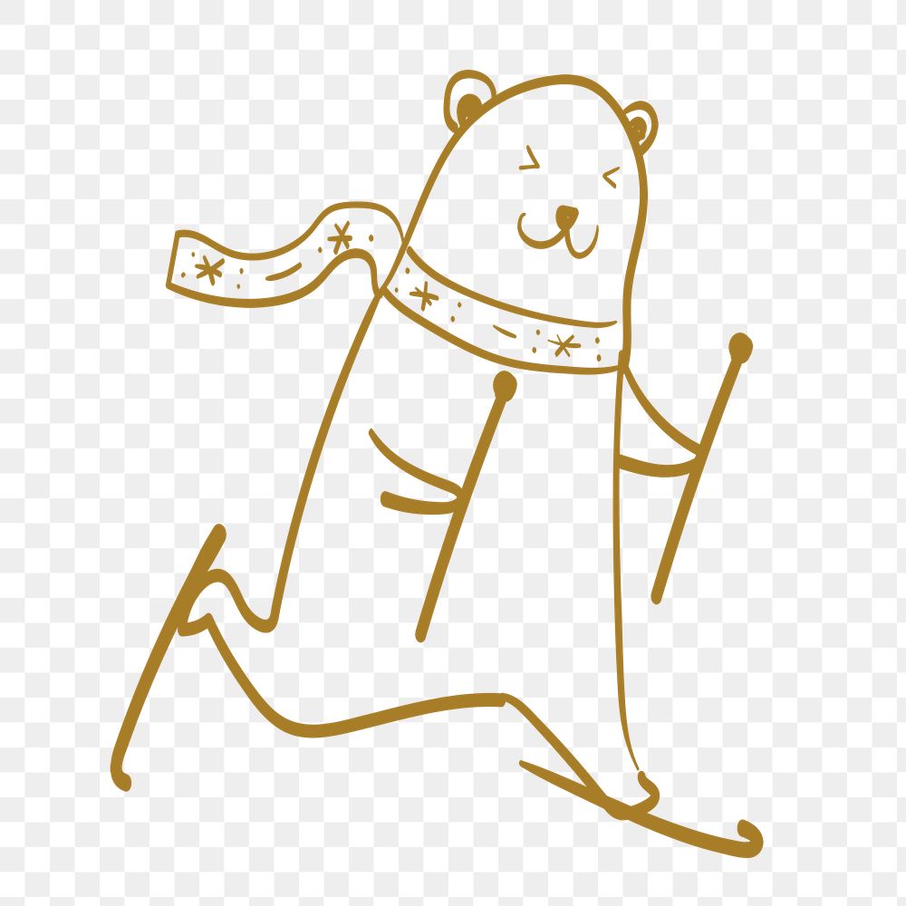 Polar bear sticker png transparent, cute snowboarding animal Christmas doodle in gold