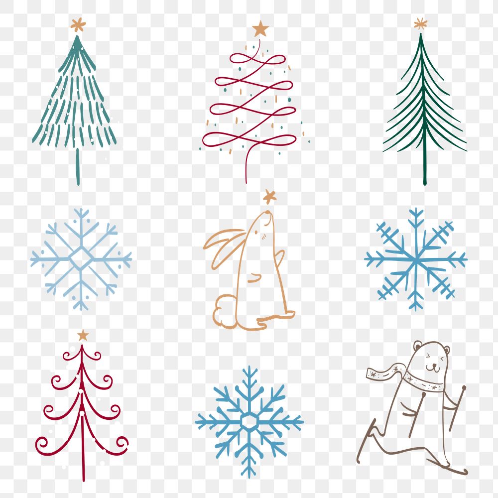 Christmas doodle png sticker, cute tree and animal illustration in red and green collection