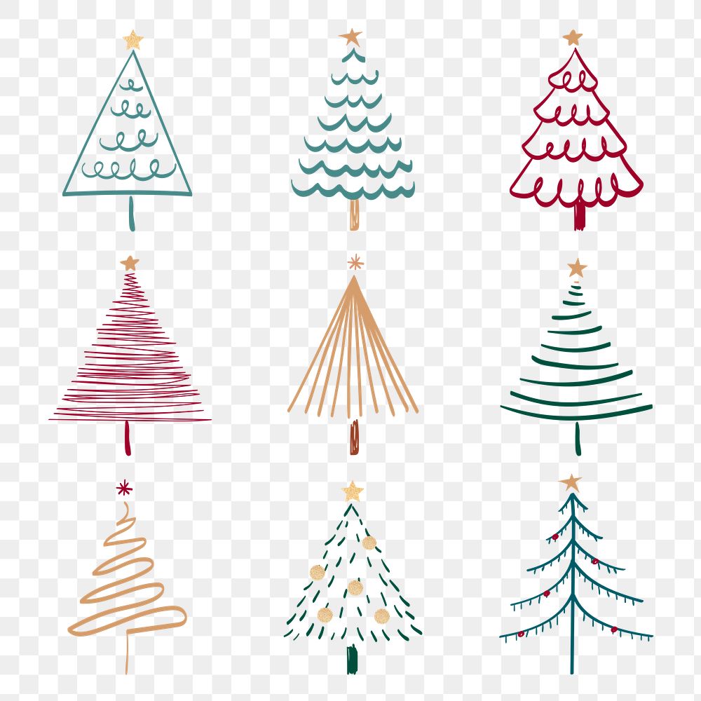 Christmas doodle png sticker, cute tree and animal illustration in red and green collection