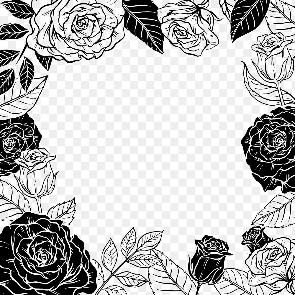 Vintage rose png transparent background, flower frame in black