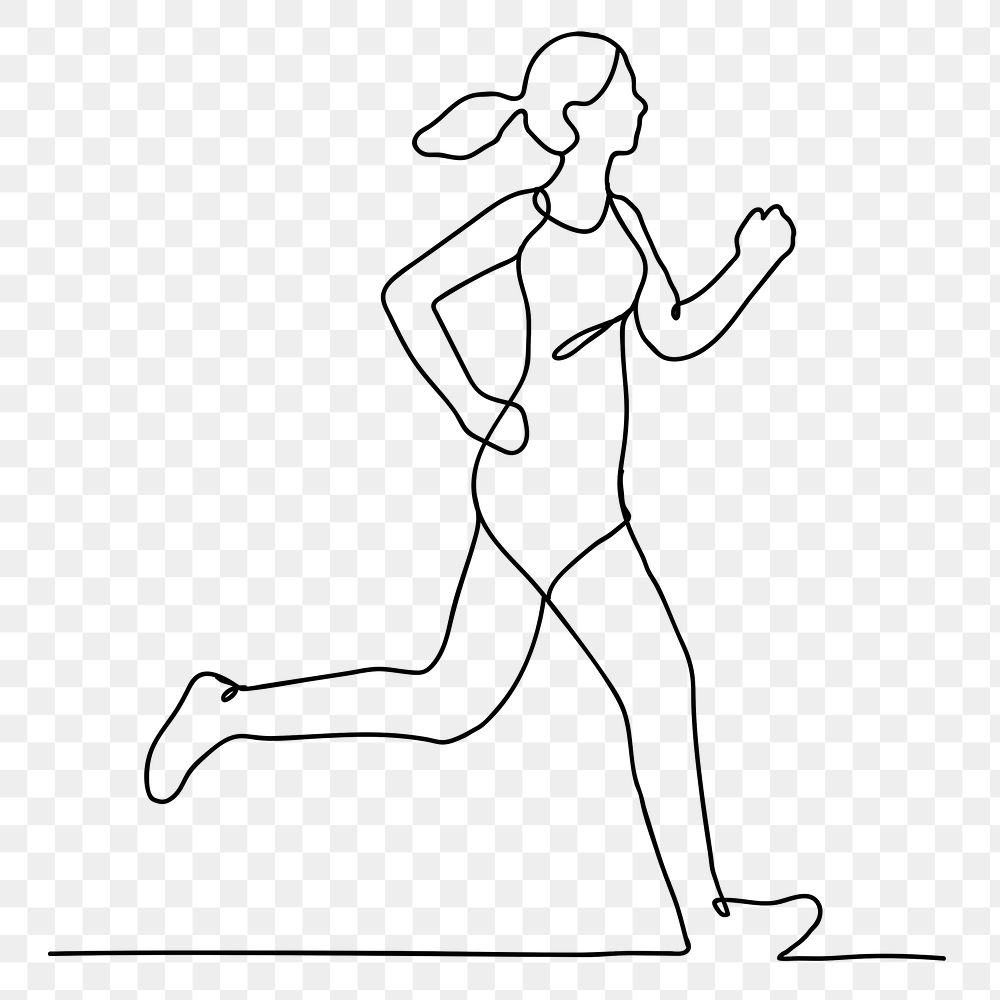 Woman running png line drawing, black hand drawn person illustration, minimal daily life activity graphic