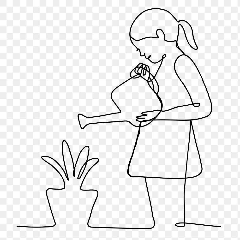Relaxation png line art, person planting tree, simple drawing illustration