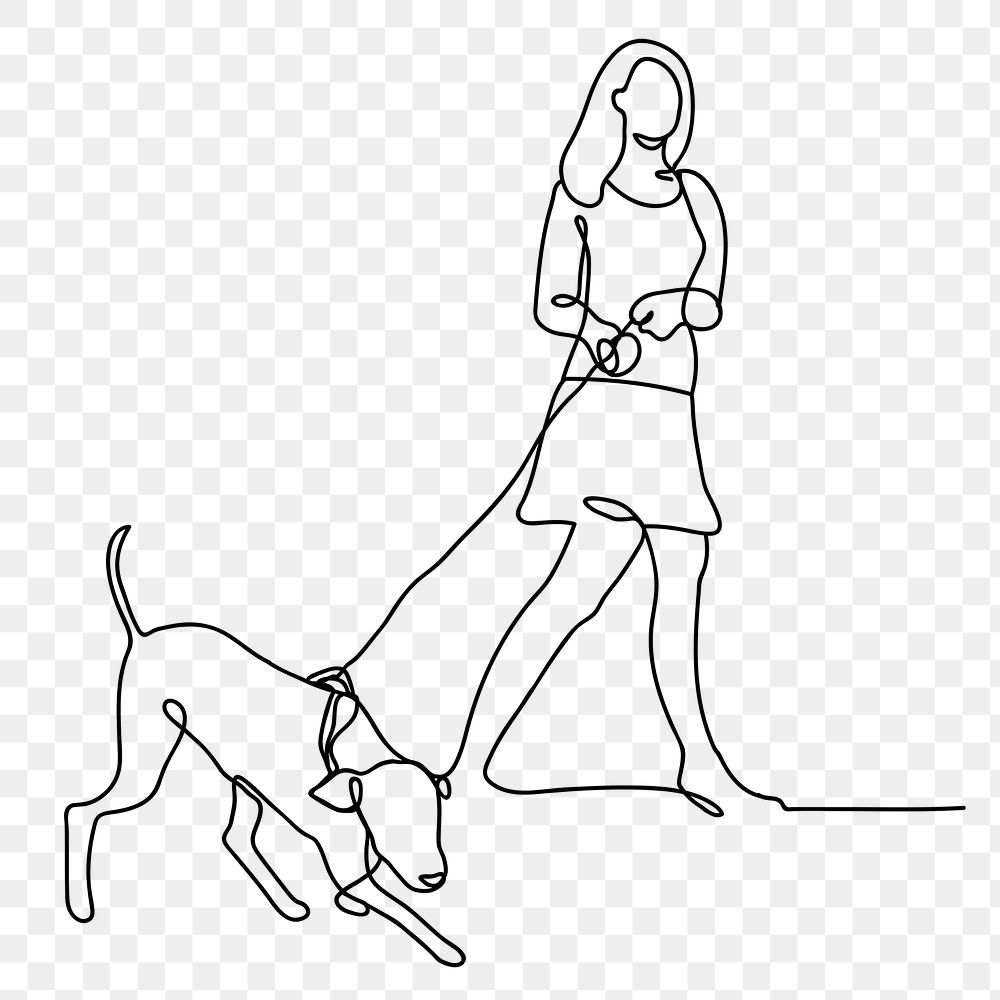 Walking dog png line drawing, black hand drawn person illustration, minimal daily life activity graphic