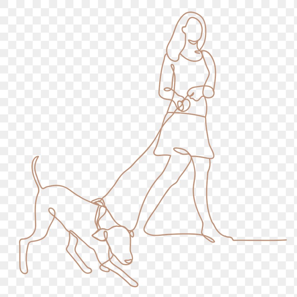 Relaxation png line art, person walking a dog, transparent background illustration