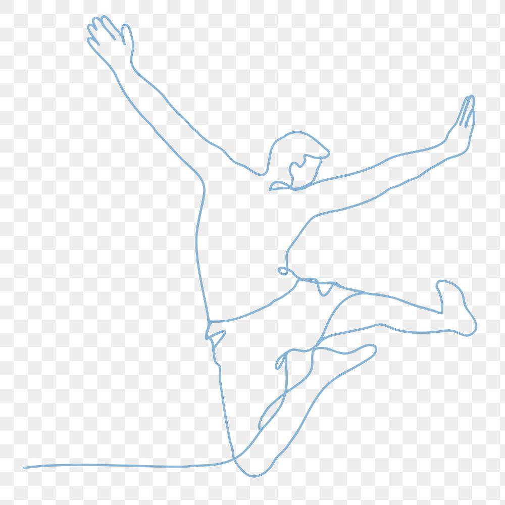 Jumping png line drawing, blue hand drawn person illustration, travel graphic