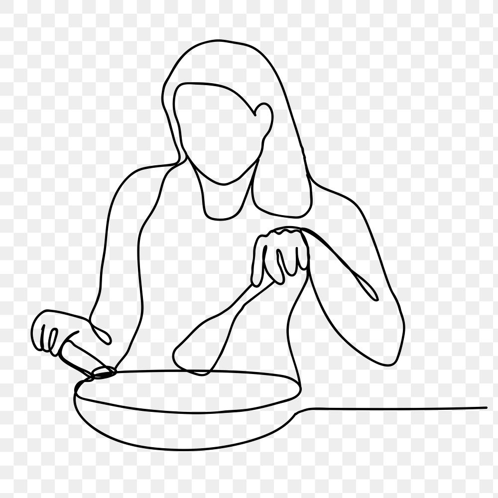 Woman cooking png line art, woman cooking, simple drawing illustration