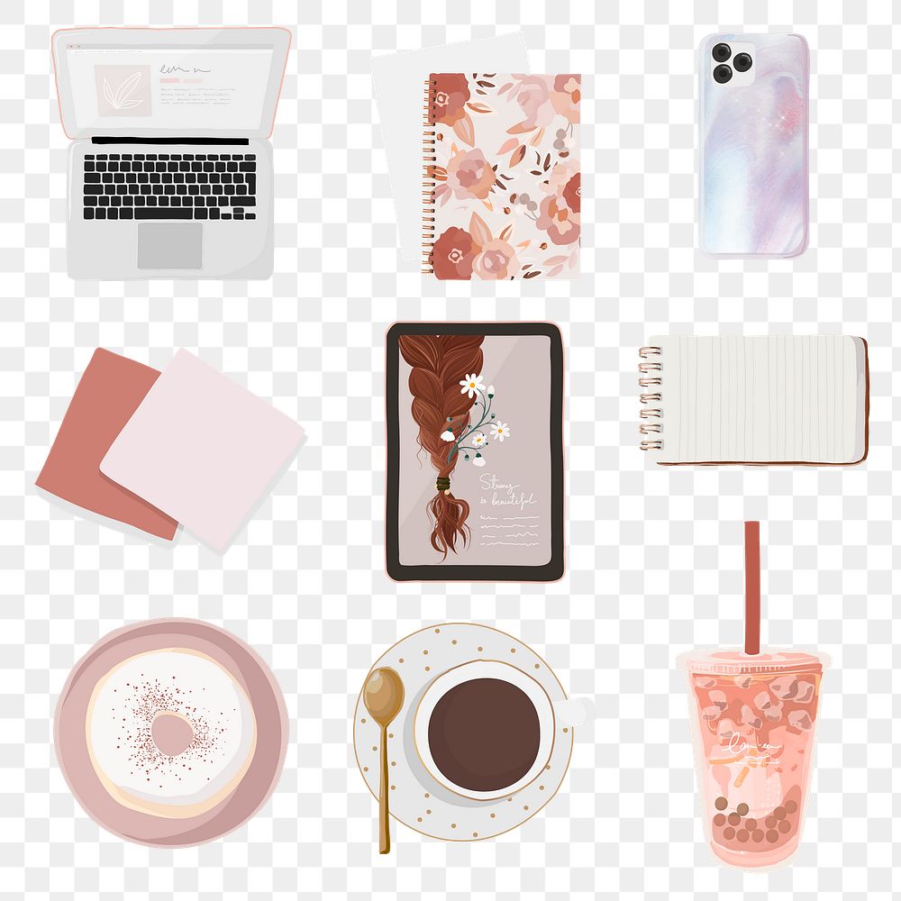 Beauty blogger essentials png sticker, pink feminine illustration set