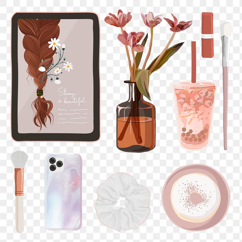 Beauty blogger essentials png sticker, pink feminine illustration set